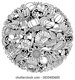 Cartoon vector doodles Happy Thanksgiving Day illustration. Sketchy, detailed, with lots of objects background. All objects separate. Line art round funny picture