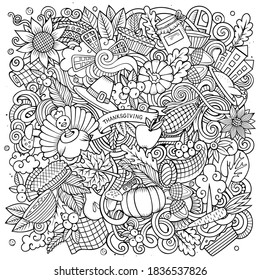 Cartoon vector doodles Happy Thanksgiving Day illustration. Sketchy, detailed, with lots of objects background. All objects separate. Line art funny picture