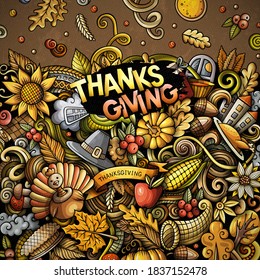 Cartoon vector doodles Happy Thanksgiving Day frame. Colorful, detailed, with lots of objects illustration. All objects separate. Bright colors funny border