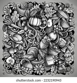 Cartoon vector doodles Happy Thanksgiving Day illustration. Monochrome, detailed, with lots of objects background. All objects separate.