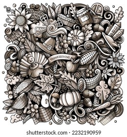 Cartoon vector doodles Happy Thanksgiving Day illustration. Monochrome, detailed, with lots of objects background. All objects separate.