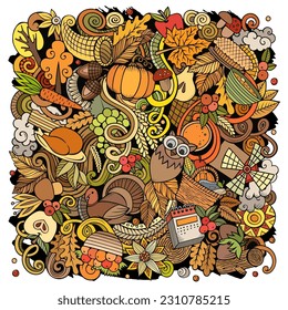 Cartoon vector doodles Happy Thanksgiving Day illustration. Colorful, detailed, with lots of objects background. All objects separate. Bright colors funny picture