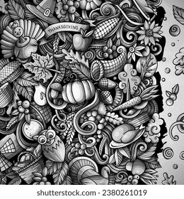 Cartoon vector doodles Happy Thanksgiving Day frame. Monochrome, detailed, with lots of objects illustration. All objects separate. Toned funny border
