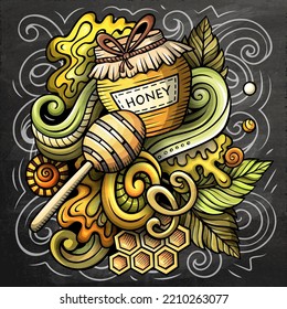 Cartoon vector doodles Honey illustration. Colorful, detailed, with lots of objects background. All objects separate. Chalkboard sweet funny picture