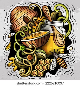 Cartoon vector doodles Honey illustration. Colorful, detailed, with lots of objects background. All objects separate. Bright colors sweet funny picture