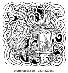 Cartoon vector doodles Honey illustration. Sketchy, detailed, with lots of objects background. Line art sweet funny picture
