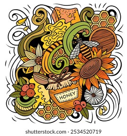 Cartoon vector doodles Honey illustration. Colorful, detailed, with lots of objects background. All objects separate. Bright colors sweet funny picture