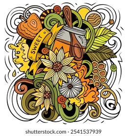 Cartoon vector doodles Honey illustration. Colorful, detailed, with lots of objects background. All objects separate. Bright colors sweet funny picture