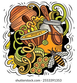 Cartoon vector doodles Honey illustration. Colorful, detailed, with lots of objects background. All objects separate. Bright colors sweet funny picture