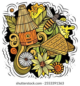 Cartoon vector doodles Honey illustration. Colorful, detailed, with lots of objects background. All objects separate. Bright colors sweet funny picture