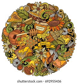 Cartoon vector doodles Honey illustration. Colorful, detailed, with lots of objects background. All objects separate. Bright colors sweet funny round picture