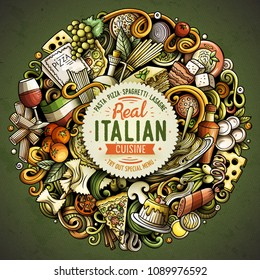 Cartoon vector doodles Italian Food round illustration. Colorful, detailed, with lots of objects background. All objects separate. Bright colors Italy cuisine funny picture