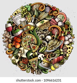 Cartoon vector doodles Italian Food round illustration. Colorful, detailed, with lots of objects background. All objects separate. Bright colors Italy cuisine funny picture