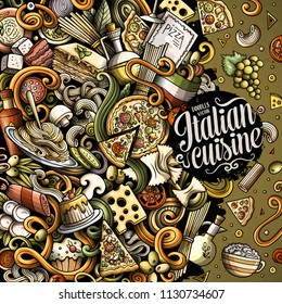 Cartoon vector doodles Italian food frame. Colorful, detailed, with lots of objects background. All objects separate. Bright colors italy cuisine funny border