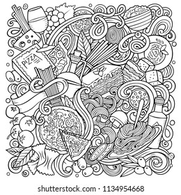 Cartoon vector doodles Italian Food illustration. Line art, detailed, with lots of objects background. All objects separate. Sketchy Italy cuisine funny picture