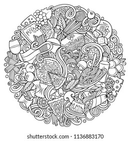 Cartoon vector doodles Italian Food illustration. Line art, detailed, with lots of objects background. All objects separate. Sketchy Italy cuisine funny picture