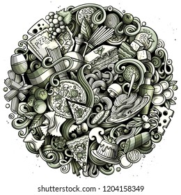 Cartoon vector doodles Italian Food round illustration. Monochrome, detailed, with lots of objects background. All objects separate. Toned Italy cuisine funny picture