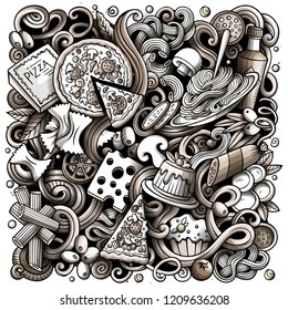 Cartoon vector doodles Italian Food illustration. Monochrome, detailed, with lots of objects background. All objects separate. Toned Italy cuisine funny picture