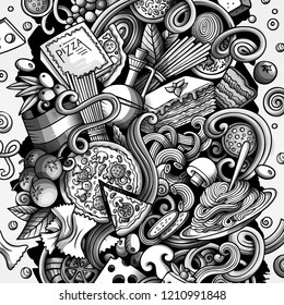 Cartoon vector doodles Italian Food illustration. Monochrome, detailed, with lots of objects background. All objects separate. Toned Italy cuisine funny picture