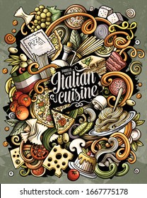 Cartoon vector doodles Italian Food illustration. Colorful, detailed, with lots of objects background. All objects separate. Bright colors Italy cuisine funny picture