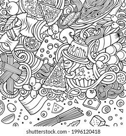 Cartoon vector doodles Italian food frame. Sketchy, detailed, with lots of objects background. All objects separate. Line art italy cuisine funny border