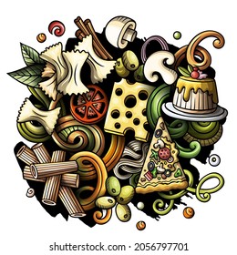 Cartoon vector doodles Italian Food illustration. Colorful, detailed, with lots of objects background. All objects separate. Bright colors Italy cuisine funny picture