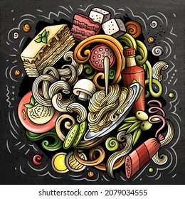 Cartoon vector doodles Italian Food illustration. Colorful, detailed, with lots of objects background. All objects separate. Chalkboard Italy cuisine funny picture