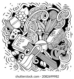 Cartoon vector doodles Italian Food illustration. Sketchy, detailed, with lots of objects background. All objects separate. Italy cuisine funny picture