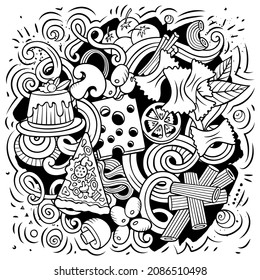 Cartoon vector doodles Italian Food illustration. Sketchy, detailed, with lots of objects background. All objects separate. Italy cuisine funny picture