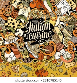 Cartoon vector doodles Italian food frame. Colorful, detailed, with lots of objects background. All objects separate. Bright colors italy cuisine funny border