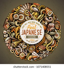 Cartoon vector doodles Japan food round illustration. Colorful, detailed, with lots of objects background. All objects separate. Bright colors japanese cuisine funny picture