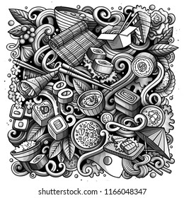 Cartoon vector doodles Japan food illustration. Monochrome, detailed, with lots of objects background. All objects separate. Toned japanese cuisine funny picture