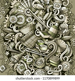 Cartoon vector doodles Japan food illustration. Monochrome, detailed, with lots of objects background. All objects separate. Toned japanese cuisine funny picture