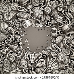 Cartoon vector doodles Japan food frame. Monochrome, detailed, with lots of objects background. All objects separate. Graphic japanese cuisine funny border