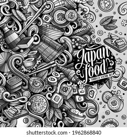 Cartoon vector doodles Japan food frame. Monochrome, detailed, with lots of objects background. All objects separate. Graphic japanese cuisine funny border