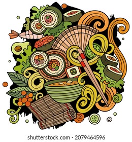 Cartoon vector doodles Japan food illustration. Colorful, detailed, with lots of objects background. All objects separate. Bright colors japanese cuisine funny picture