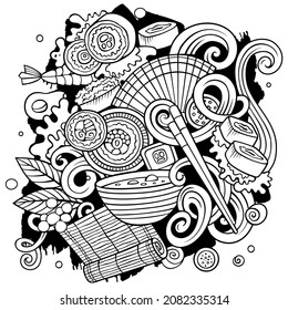Cartoon vector doodles Japan food illustration. Sketchy, detailed, with lots of objects background. All objects separate. japanese cuisine funny picture