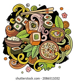 Cartoon vector doodles Japan food illustration. Colorful, detailed, with lots of objects background. All objects separate. Bright colors japanese cuisine funny picture