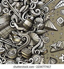Cartoon vector doodles Japan food frame. Monochrome, detailed, with lots of objects background. All objects separate. Graphic japanese cuisine funny border
