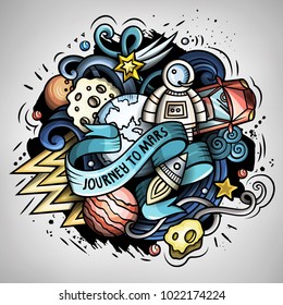 Cartoon vector doodles jokey Space illustration. The red car in outer space. Colorful, detailed, with lots of objects funny composition. All objects separate. 