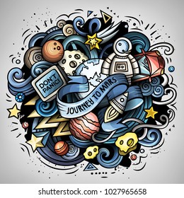 Cartoon vector doodles joky Space illustration. The red car in outer space. Colorful, detailed, with lots of objects funny composition. All objects separate.