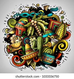Cartoon vector doodles Latin America illustration. Colorful, detailed, with lots of objects background. All objects separate. Bright colors latinamerican funny picture