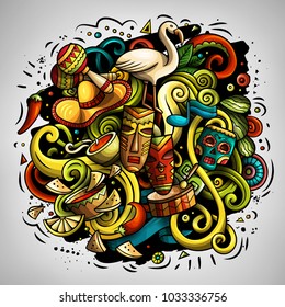 Cartoon vector doodles Latin America illustration. Colorful, detailed, with lots of objects background. All objects separate. Bright colors latinamerican funny picture