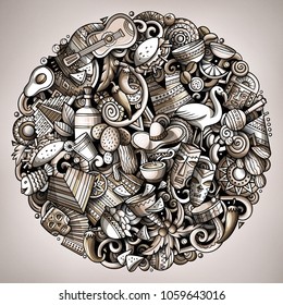 Cartoon vector doodles Latin America round illustration. Monochrome detailed, with lots of objects background. All objects separate. Toned latinamerican funny picture