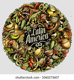 Cartoon vector doodles Latin America round illustration. Colorful, detailed, with lots of objects background. All objects separate. Bright colors latinamerican funny picture