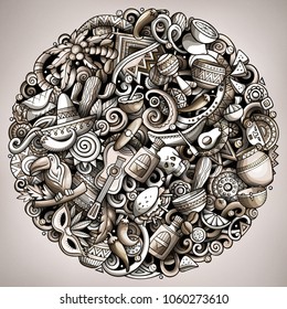 Cartoon vector doodles Latin America round illustration. Monochrome detailed, with lots of objects background. All objects separate. Toned latinamerican funny picture