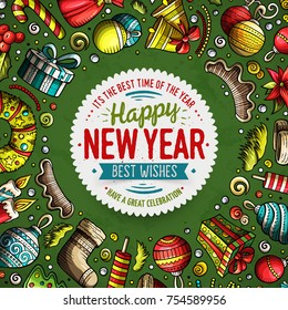 Cartoon vector doodles Merry Christmas and New Year objects frame card design. Colorful detailed, with lots of objects illustration. Bright colors holidays funny border