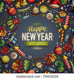 Cartoon vector doodles Merry Christmas and New Year objects frame card design. Colorful detailed, with lots of objects illustration. Bright colors holidays funny border