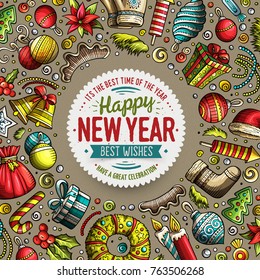 Cartoon vector doodles Merry Christmas and New Year objects frame card design. Colorful detailed, with lots of objects illustration. Bright colors holidays funny border
