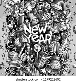 Cartoon vector doodles New Year illustration. Monochrome, detailed, with lots of objects background. All objects separate. Toned Christmas funny round picture